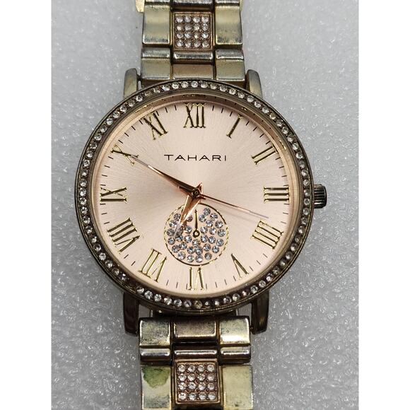 37mm Tamari Rose gold pink copper salmon bling iced crystal accent gemmed Watch - Picture 1 of 5